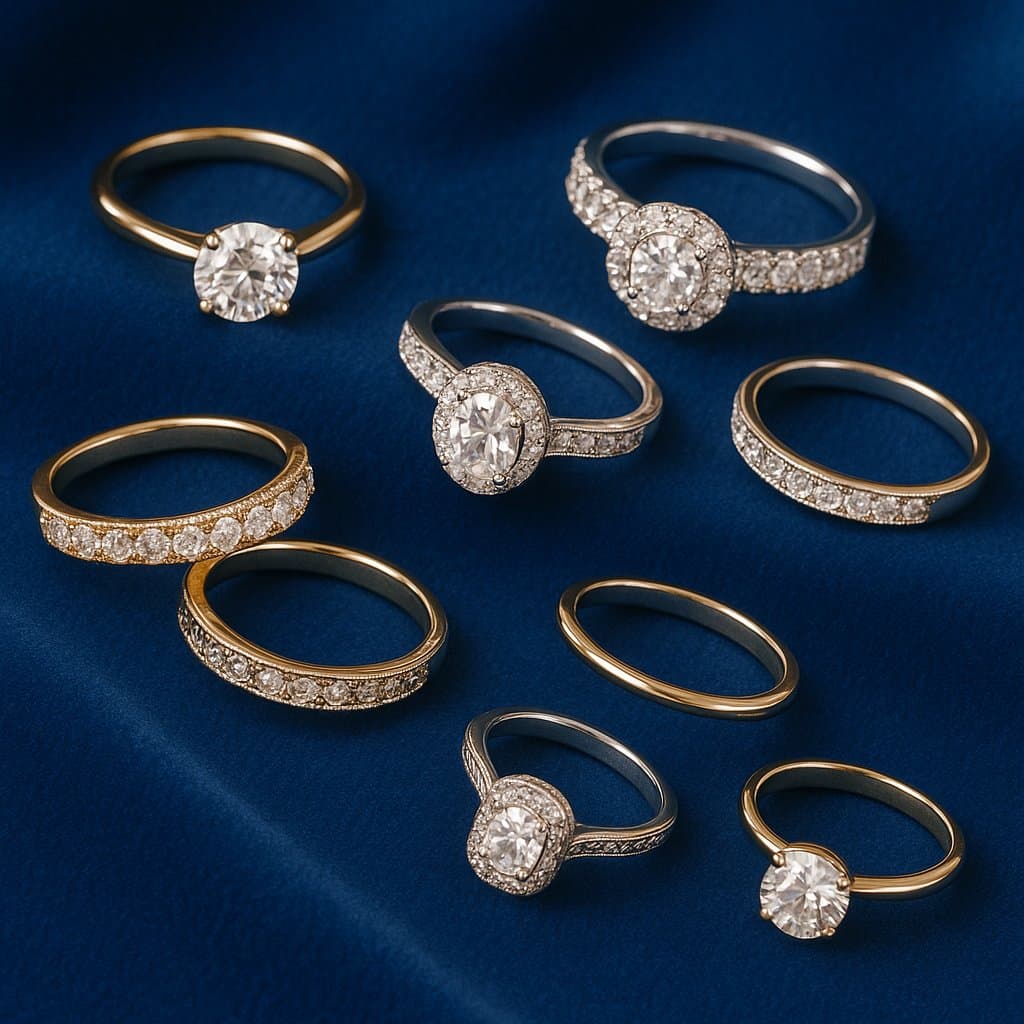 Close-up of luxurious women's wedding bands with diamonds in rose, white, and yellow gold