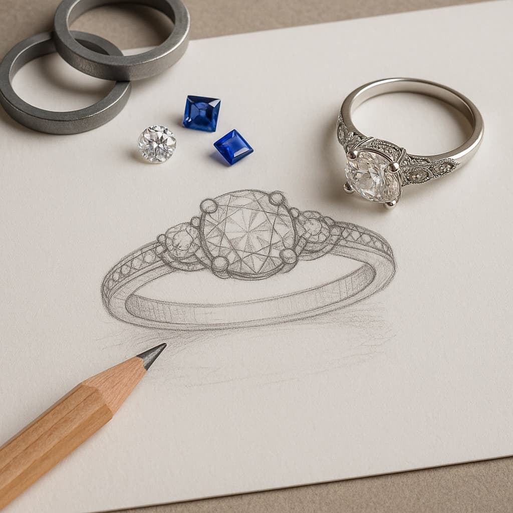 Custom diamond wedding ring design sketch with center round diamond and side stones.