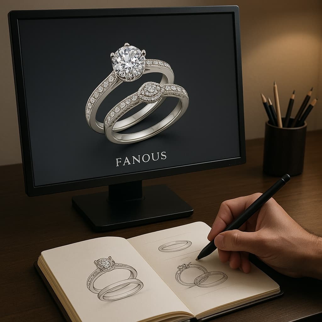 CAD rendering of a custom engagement and wedding ring set