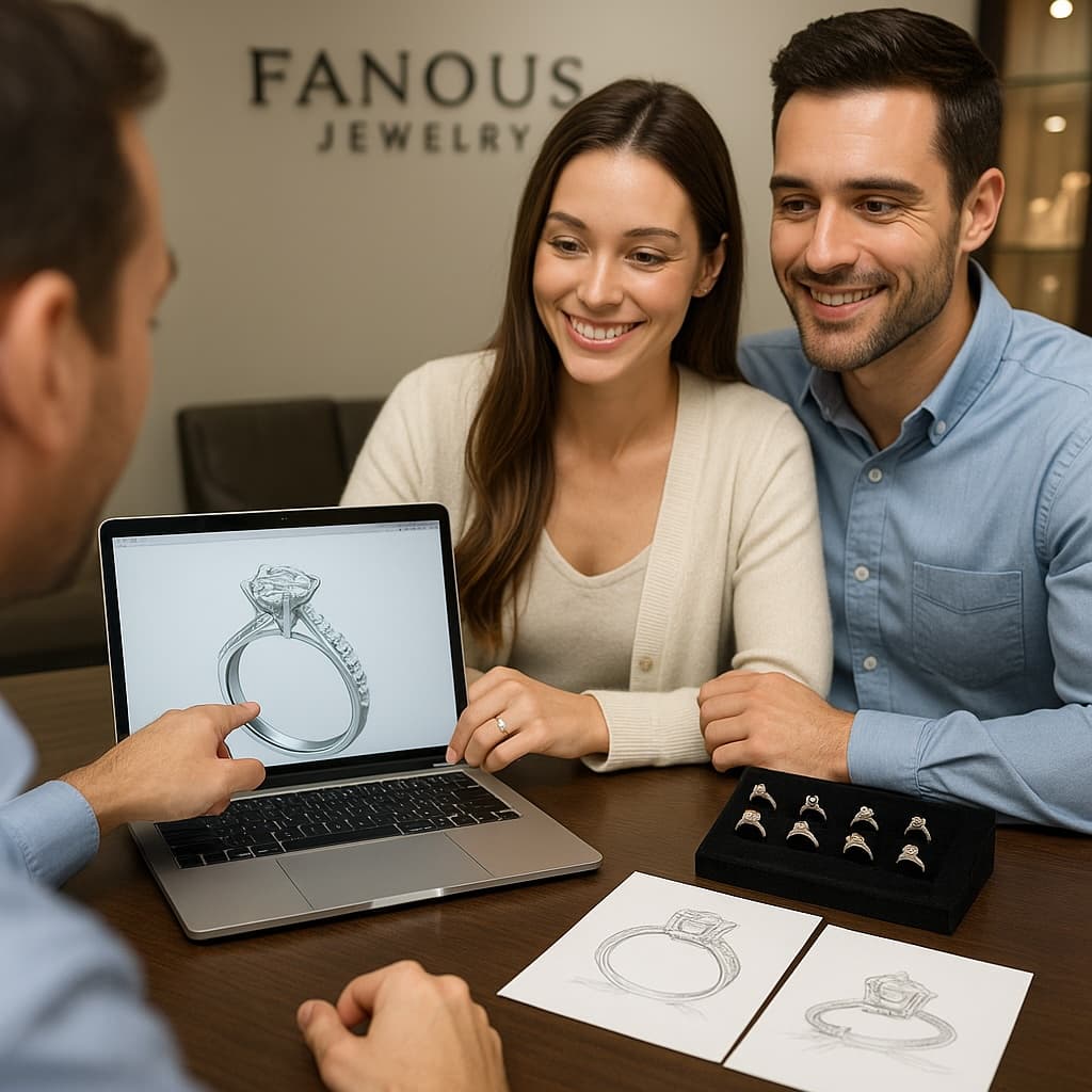 Fanous Jewelry design consultation showing a couple reviewing 3D models and sketches of custom rings