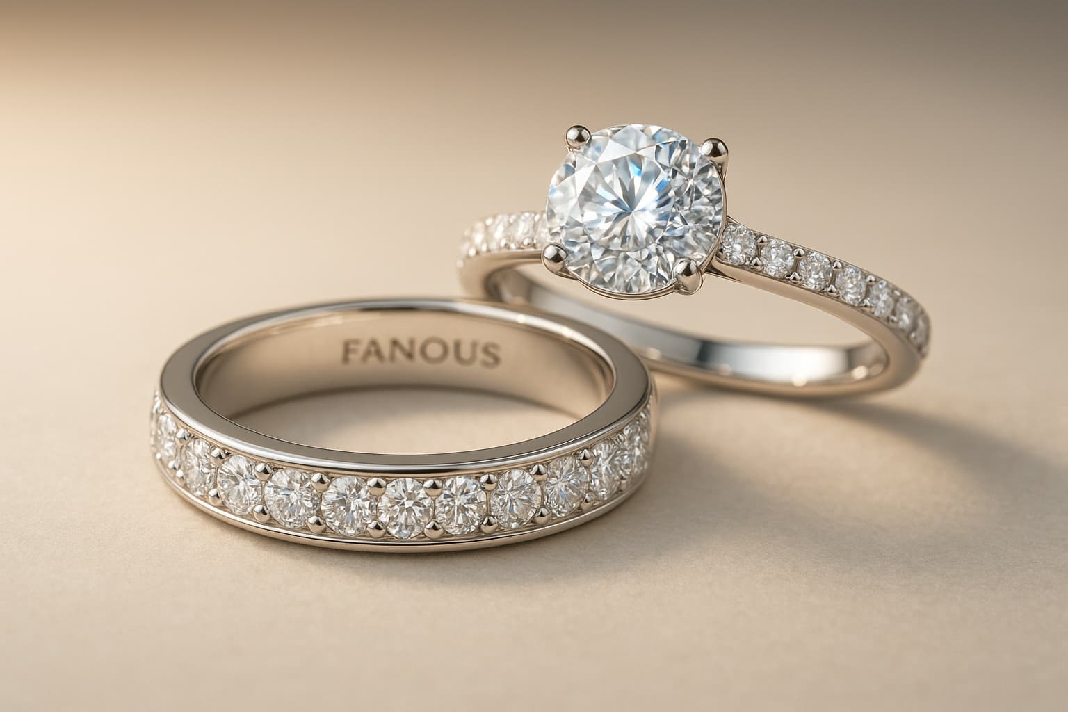 Matching engagement ring and wedding band from Fanous.