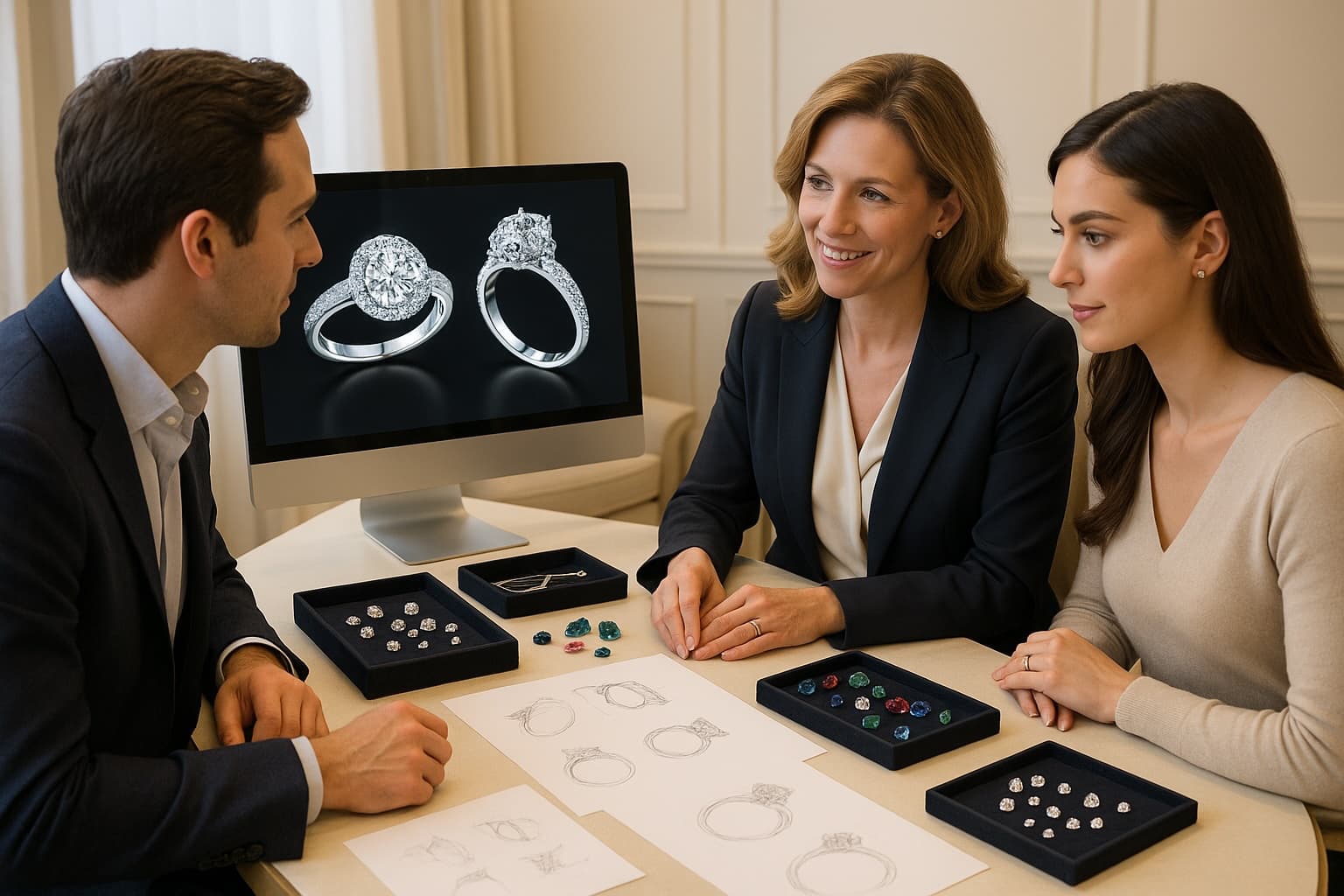 Design session with a Fanous Jewelry expert reviewing CAD models and gemstone options for a perfect ring pairing