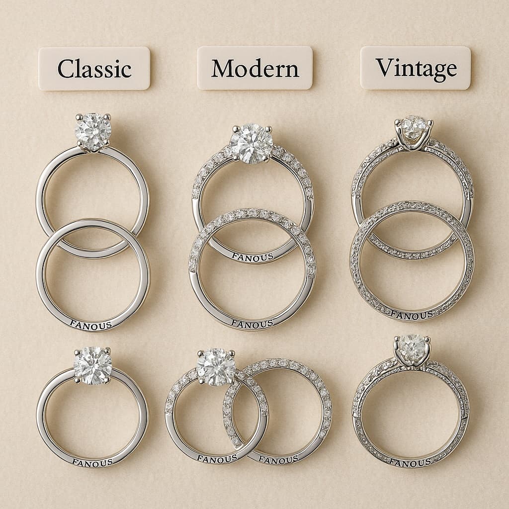 Explore classic, vintage, and modern engagement ring and wedding band combinations