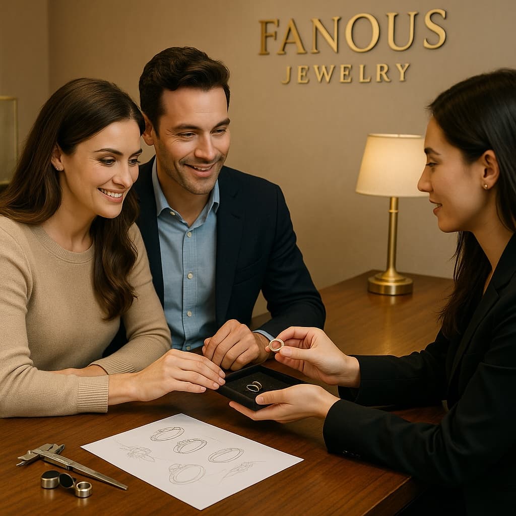 A couple at a Fanous Jewelry showroom examining matching wedding bands.