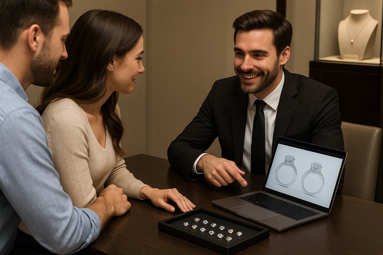 A designer working with a couple at Fanous Jewelry to craft a custom wedding band set.