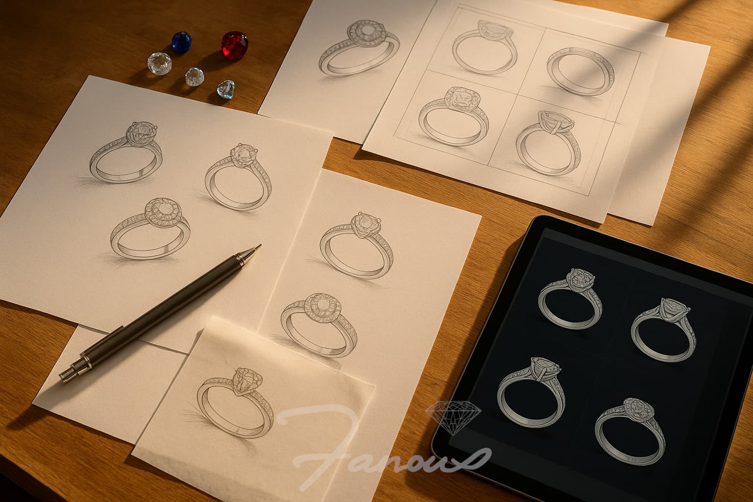 Hand-drawn and 3D sketches of custom wedding ring sets laid out on a design table.