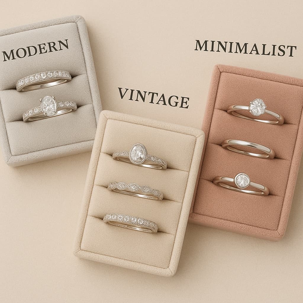 Flat lay of white gold, rose gold, and platinum wedding bands labeled by metal type.