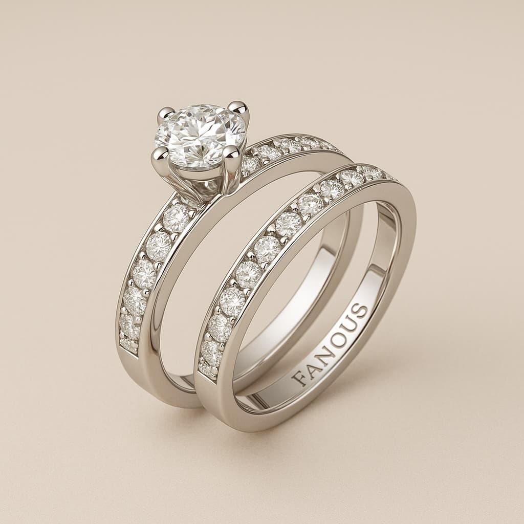 A close-up of a women's wedding band set from Fanous Jewelry.