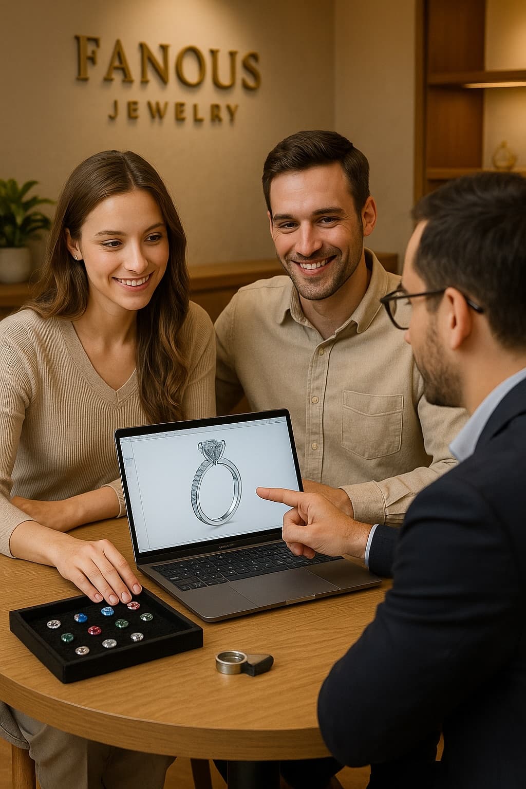 A couple sits with a Fanous Jewelry designer, reviewing custom CAD models and gemstone options for their wedding and engagement rings.