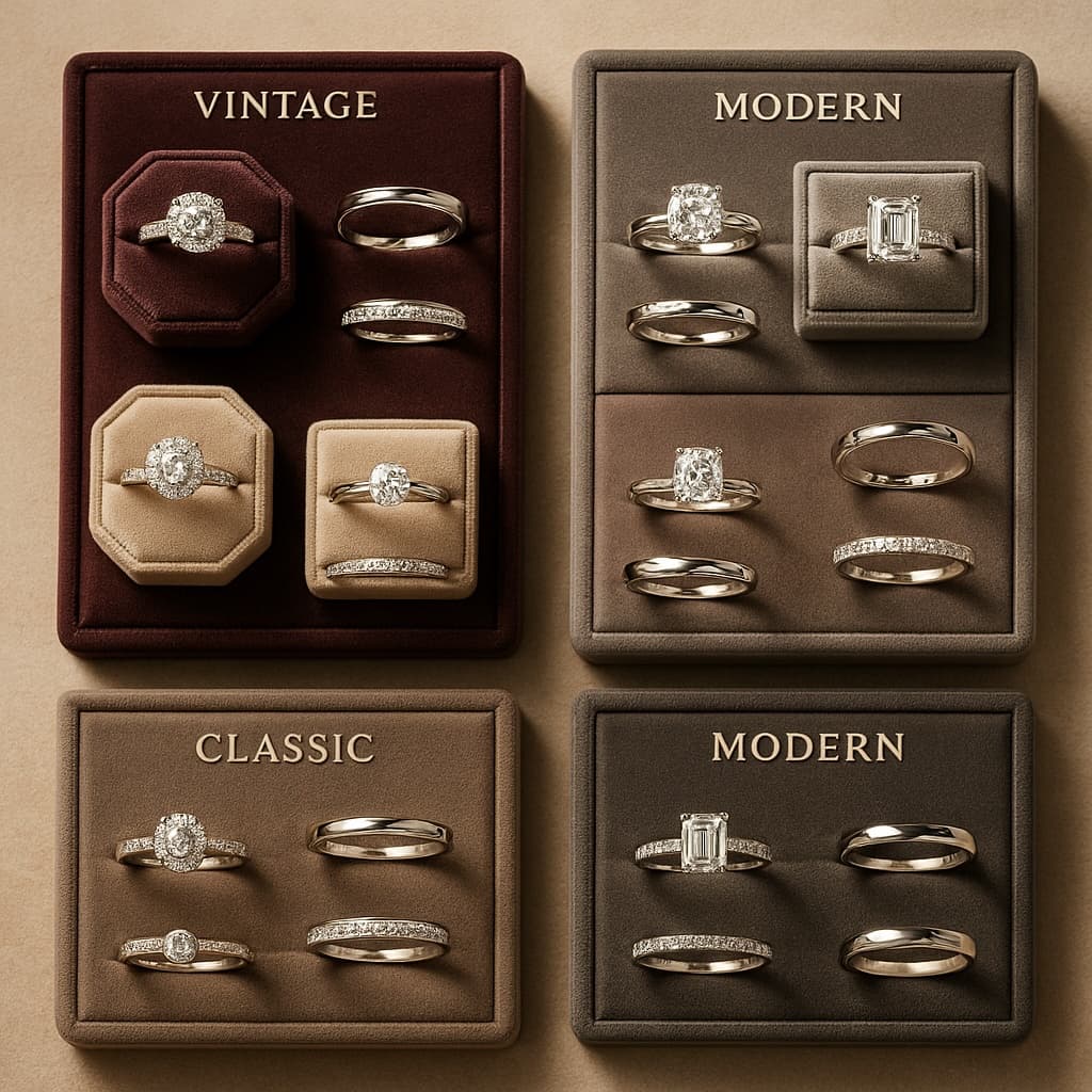 Flat lay of engagement and wedding ring sets in vintage, classic, and modern styles, displayed on velvet trays.