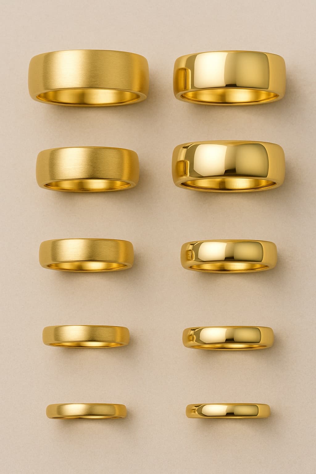 Gold wedding bands organized by finish and width for style comparison.