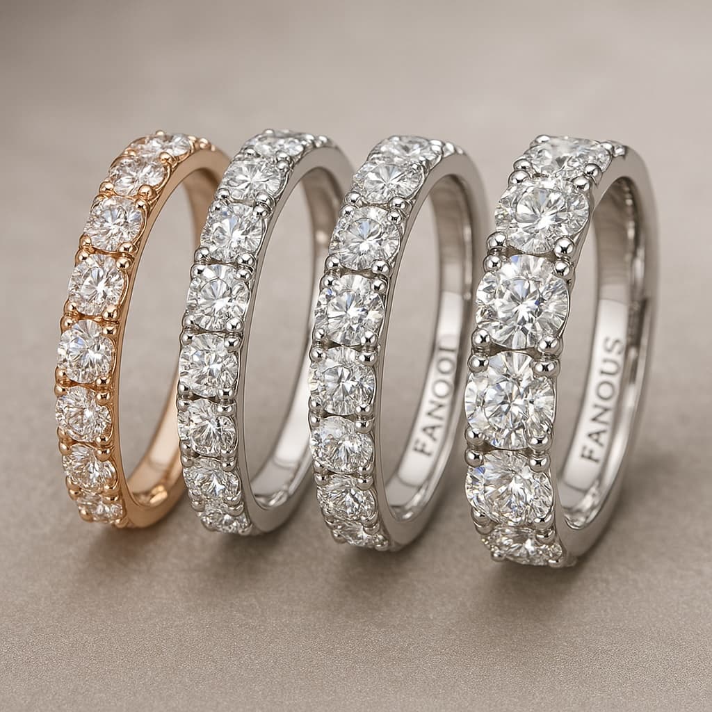 Custom Fanous wedding bands in gold, platinum, and diamond settings